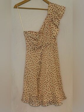 ASTR the Label Megan One-Shoulder Ruffle Polka Dot Mini Dress Cream/Rust/Tan Lrg